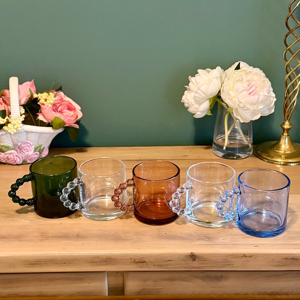 Set of 4 Glass Mugs Bubble Handle Blue Clear Green Amber Modern Coffee Cups